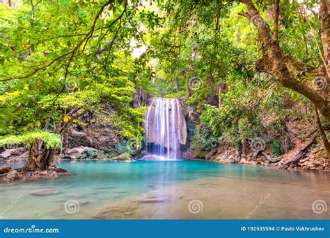 Waterfall And Emerald Lake In Tropical Forest Erawan Thailand Stock