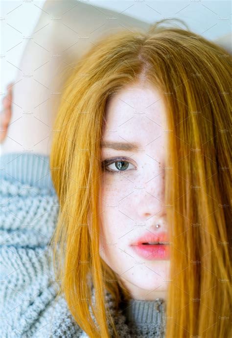 Portrait Of Redhaired Girl Closeup Containing Hair Red And Face