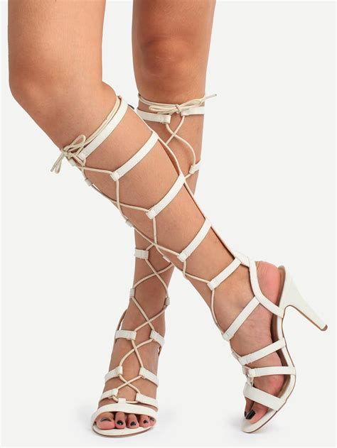 Strappy Lace Up Knee High Heeled Sandals White Sheinsheinside