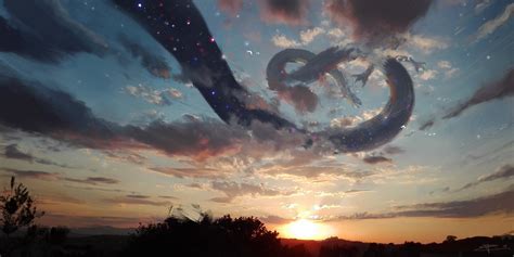 Sunset Dragon Stars Clouds Fantasy Art Chinese Dragon Creature