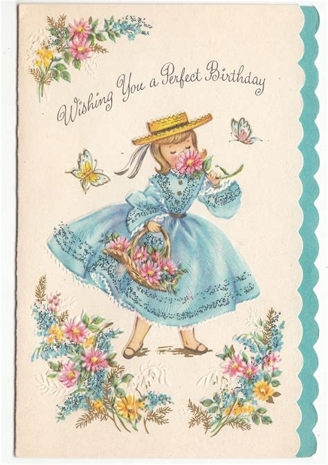 Vintage Girl With Glittered Dress Smelling Flowers Birthday Greeting