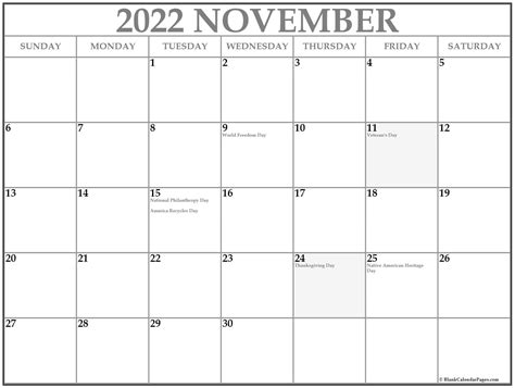 Printable Calendar For November 2022 Calendar Template 2022