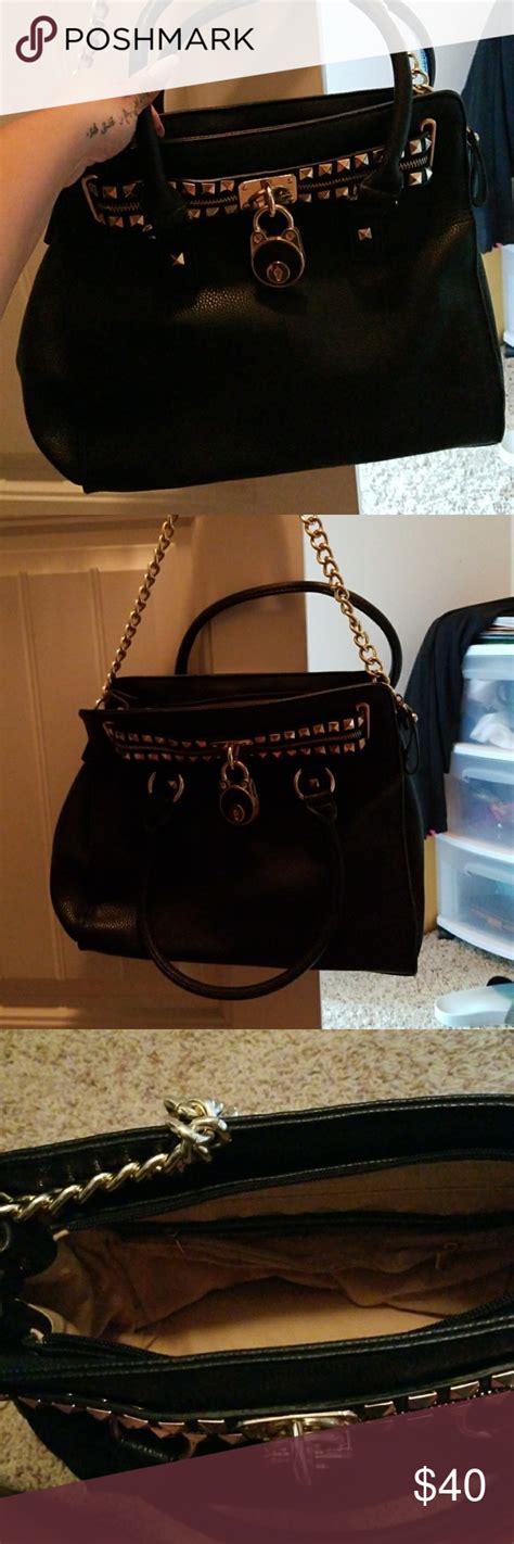 Black With Gold Stud Detail And Strap Handbag Handbag Straps Handbag