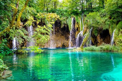 Plitvice Crystal Clear Lake With Multiple Waterfalls Stock Image