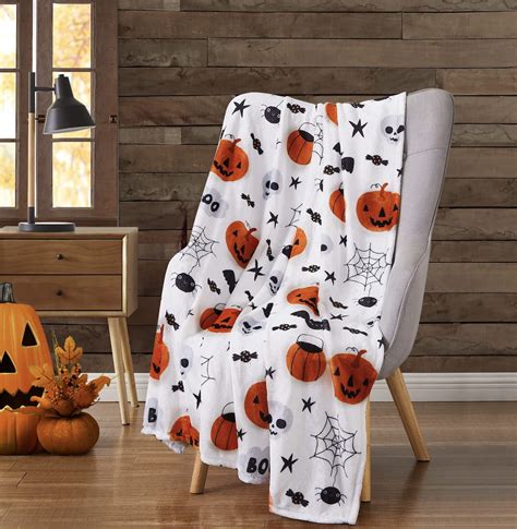 Serafina Home Halloween Throw Blanket Fuzzy Boo Jack O Lantern Spider Webs Skull And Black