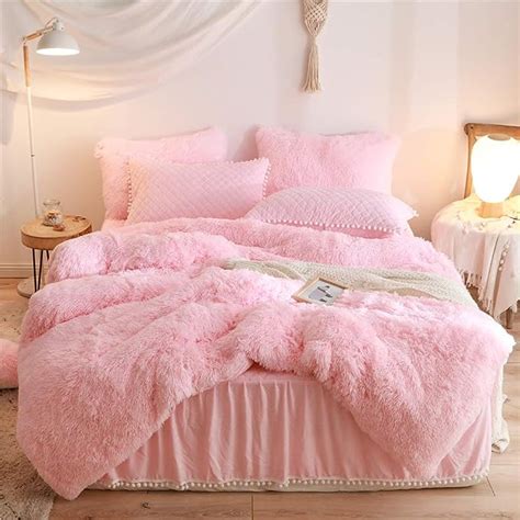 Haihua Pink Fluffy Comforter Set， Fluffy Plush Shaggy Duvet Cover 2 Pieces Set 1 Faux Fur Duvet