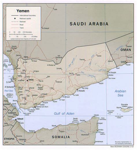 Detailed Political Map Of Yemen With Relief Roads And Cities 2002
