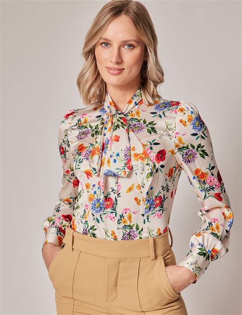 Women S Cream Yellow Floral Pussy Bow Blouse