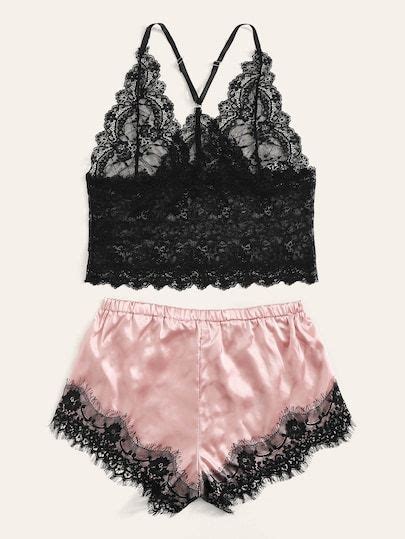 Floral Lace Bralette With Satin Shorts Romwe Floral Lace Bralette Lace Bralette Satin Shorts