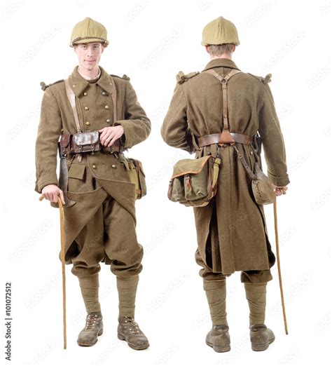 French Soldier In 1940s Uniform Viewed From The Front And Back Photos