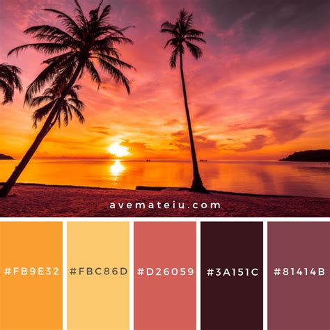 At Sunset Time On The Tropical Beach And Sea With Coconut Palm Tree Color Palette 226 Color