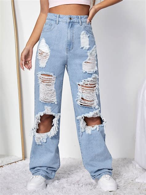 Light Wash Denim Plain Embellished Non Stretch Women Denim Ripped Baggy Jeans Baggy Jeans For