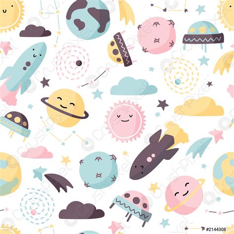 Cute Space Seamless Pattern Colorful Kids Background Stock Vector