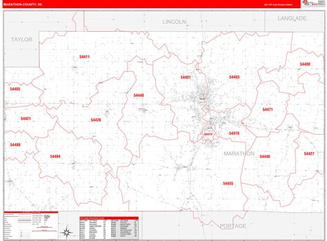 Marathon County Wi Zip Code Wall Map Red Line Style By Marketmaps