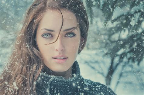 Wallpaper Face Sunlight Women Model Brunette Green Eyes Winter