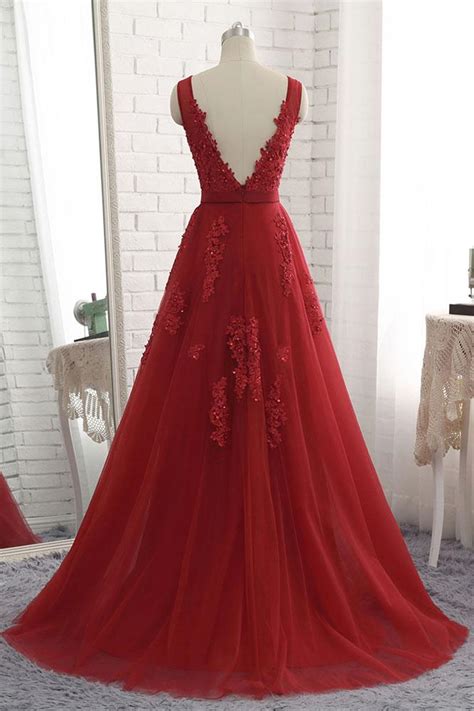 Red Applique A Line Long Tulle Prom Dressred V Neck Sleeveless Evening