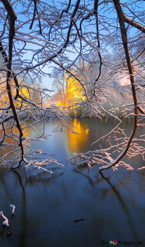 Winter Sunset Over Frozen Lake Hd Wallpaper Download Lakes Wallpapers