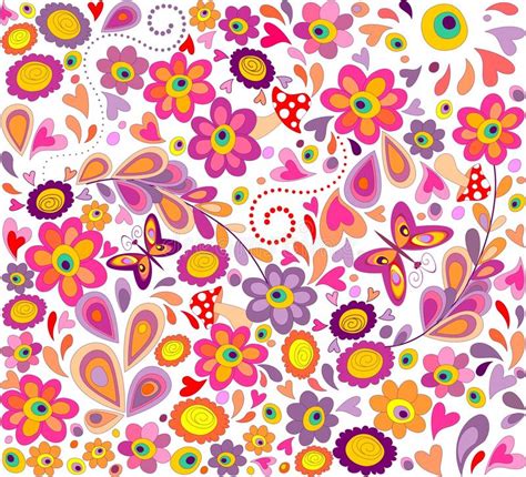 Hippie Wallpaper With Funny Butterflies Colorful Flowers And Mushrooms