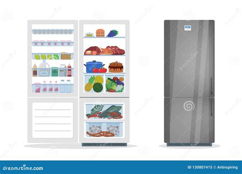 Opened And Closed Fridge Or Refrigerator With Food Stock Vector