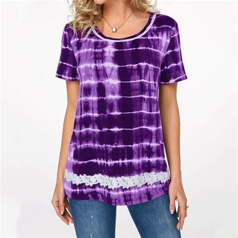 Buy Summer Short Sleeve Round Neck Printing T Shirt Lace Splicing Tie Dye Tops For Women At