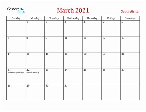 March 2021 Monthly Calendar With South Africa Holidays
