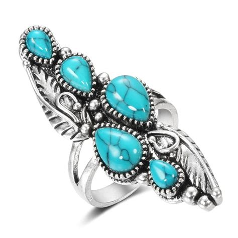Long Turquoise Silver Ring Feathers And Stones Gypsy Stacking Rings Tr Made4walkin