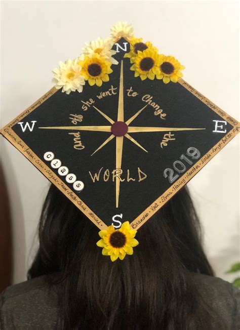 Sunflower Travel Graduation Cap For Girl With The Names Of All Of The