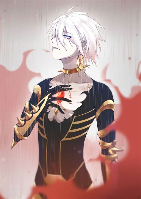 An Anime Character With White Hair And Blue Eyes Wearing Black Clothes In The Rain