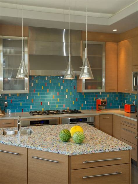 Rainbow Recycled Glass Countertop With Turquoise Backsplash Kitchen