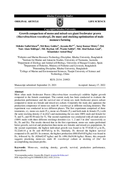 Pdf Growth Comparison Of Mono And Mixed Sex Giant Freshwater Prawn Macrobrachium Rosenbergii