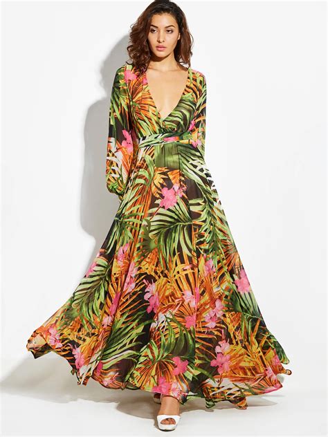 Women Maxi Dress Summer Yellow Vintage Long Sleeve Plant Print Dress Tropical Plus Size Boho V