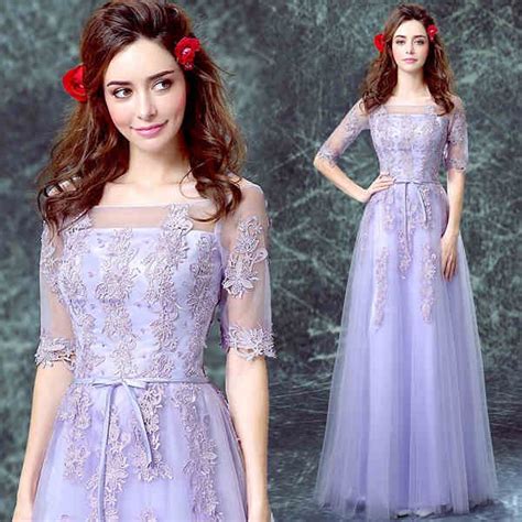 Simple Modest Lavender Long Bridesmaid Dresses Half Sleeves Lace