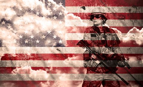 Soldier With Rifle On A Usa Flag Background Stock Photo Download