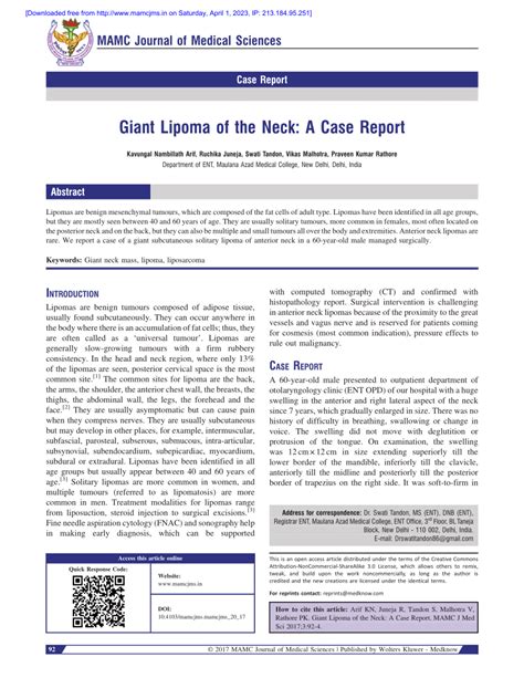 Pdf Giant Lipoma Of The Neck A Case Report