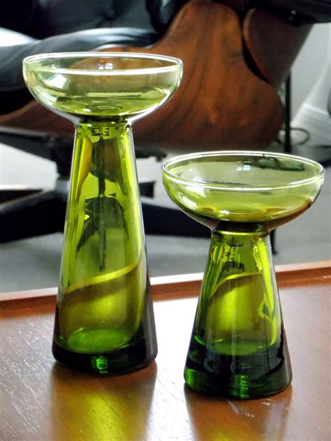 pair green glass candleholders candle holders mid century modern modernist morgantown glass