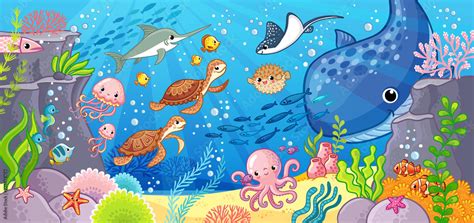 Cute Cartoon Animals Underwater Vector Illustration On A Sea Theme Wall