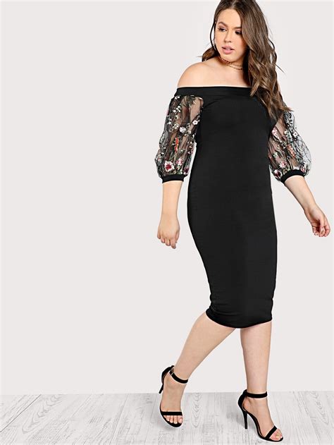 Bardot Pencil Dress With Embroidered Mesh Sleeve Sheinsheinside