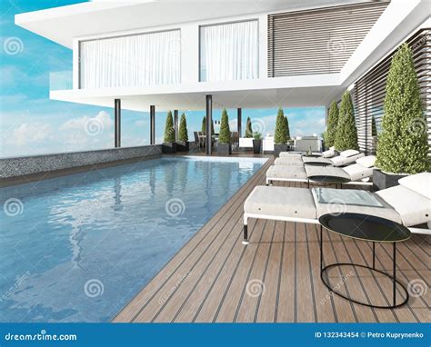 Terrace By The Pool With Sun Loungers Near The Modern House Stock