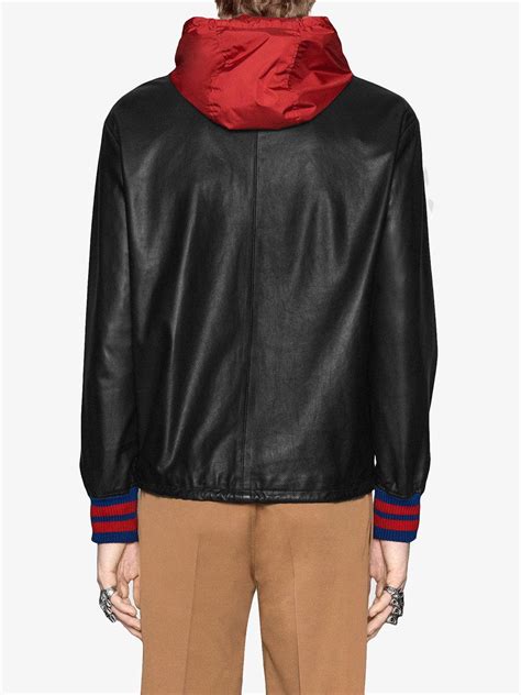Lyst Gucci Leather Bomber Jacket With Nylon Hood In Black For Men