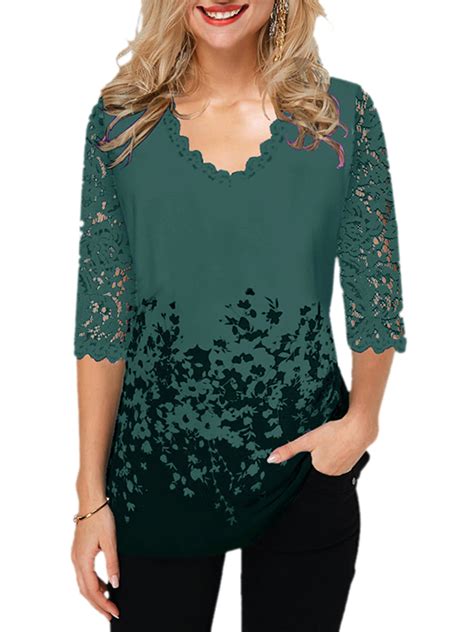 Womens Plus Size 34 Sleeve V Neck Shirt Floral Loose Blouse Lace
