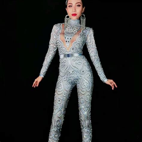 Sexy Stage Costumes For Singer Sparkly Crystal Rhinestone Jumpsuit Celebrate Nightclub Stage