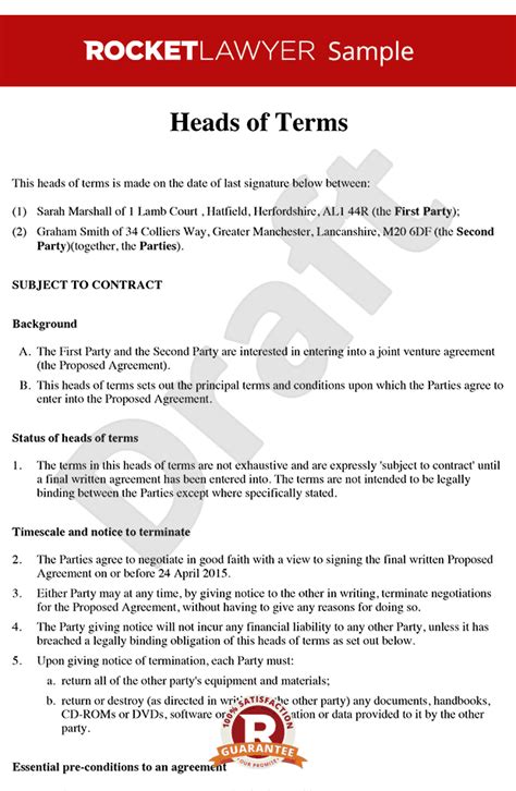 Heads Of Terms Sample Heads Of Agreement Template