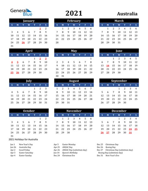 2021 Australia Calendar With Holidays