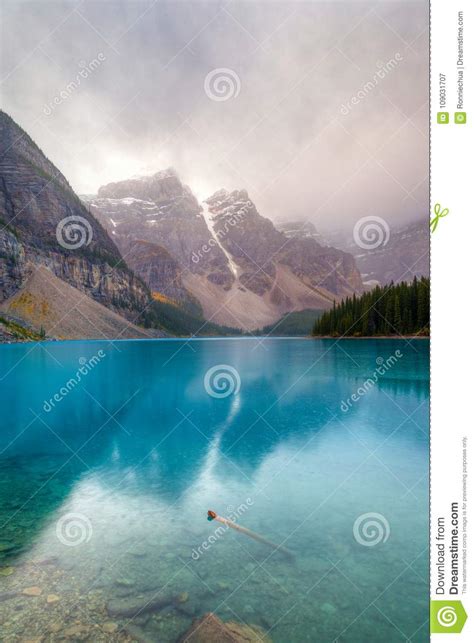 Cold And Foggy Moraine Lake At Banff National Park Stock