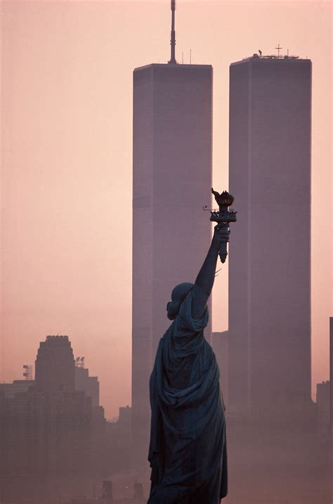 Statue Of Liberty Between Twin Towers World Trade Center At Sunrise