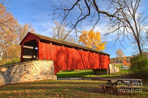 Fall Foliage At The Poole Forge Covered Bridge Photograph By Adam