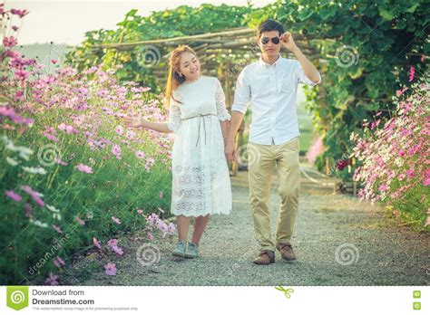 Happy Young Couple In Love Outdoor In Spring Stock Photo Image Of