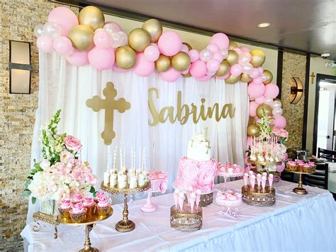 Pink Gold Baptism First Birthday Princess Dessert Table