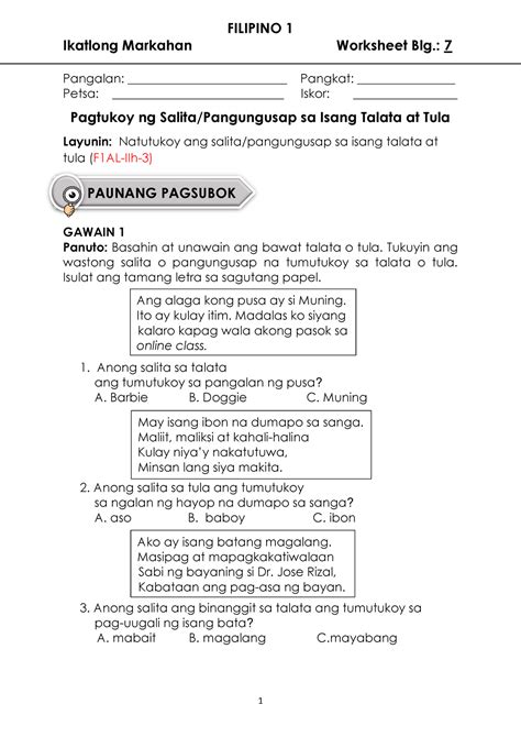 Filipino 1 Worksheet 7 Q3 Pagtukoy Ng Salita Pangungusap Sa Isang
