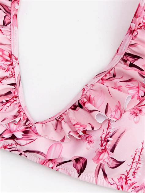 Floral Print Frill Trim Tie Side Bikini Set Sheinsheinside